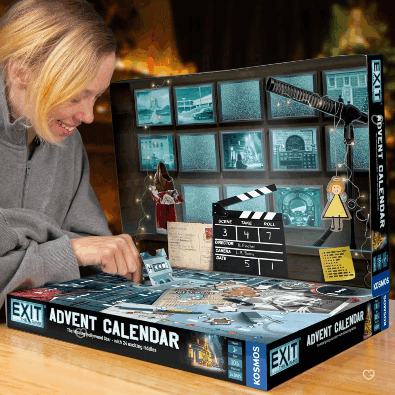 Calendrier de l’Avent Exit 2025 avec 24 énigmes hollywoodiennes à résoudre, idéal pour familles et passionnés de jeux de société, idée cadeau enfant 10 ans
