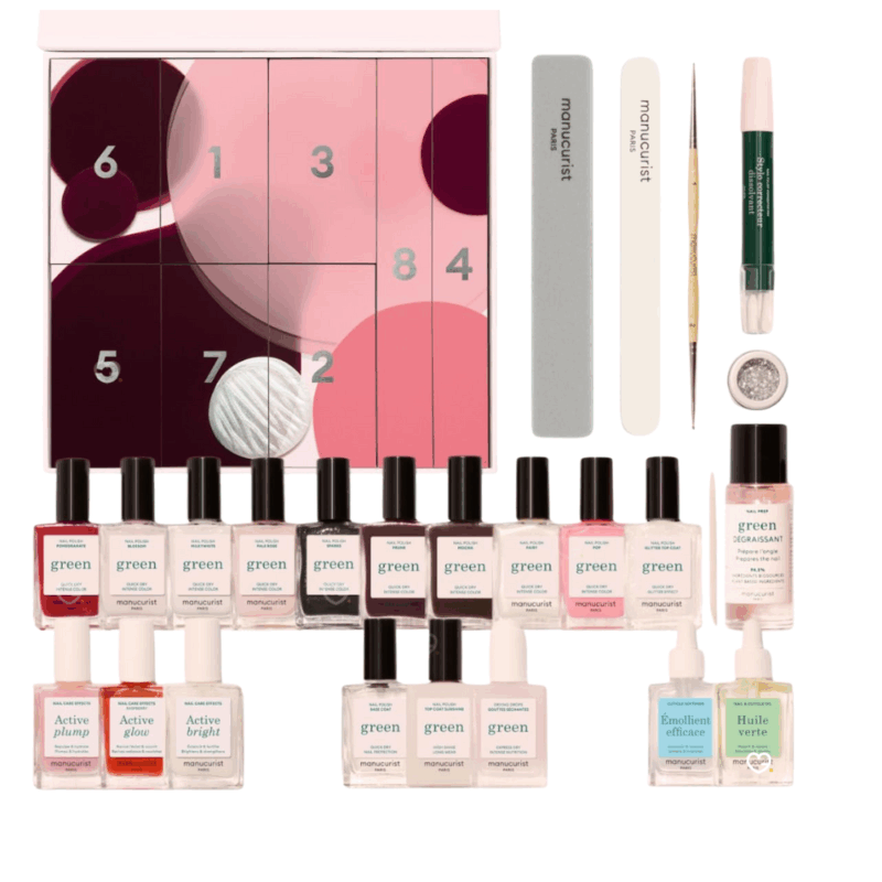 Calendrier de l’Avent Manucurist 2025 avec 24 produits full-size dont vernis clean, soins ongles et accessoires, idéa cadeau beauté pour femme.