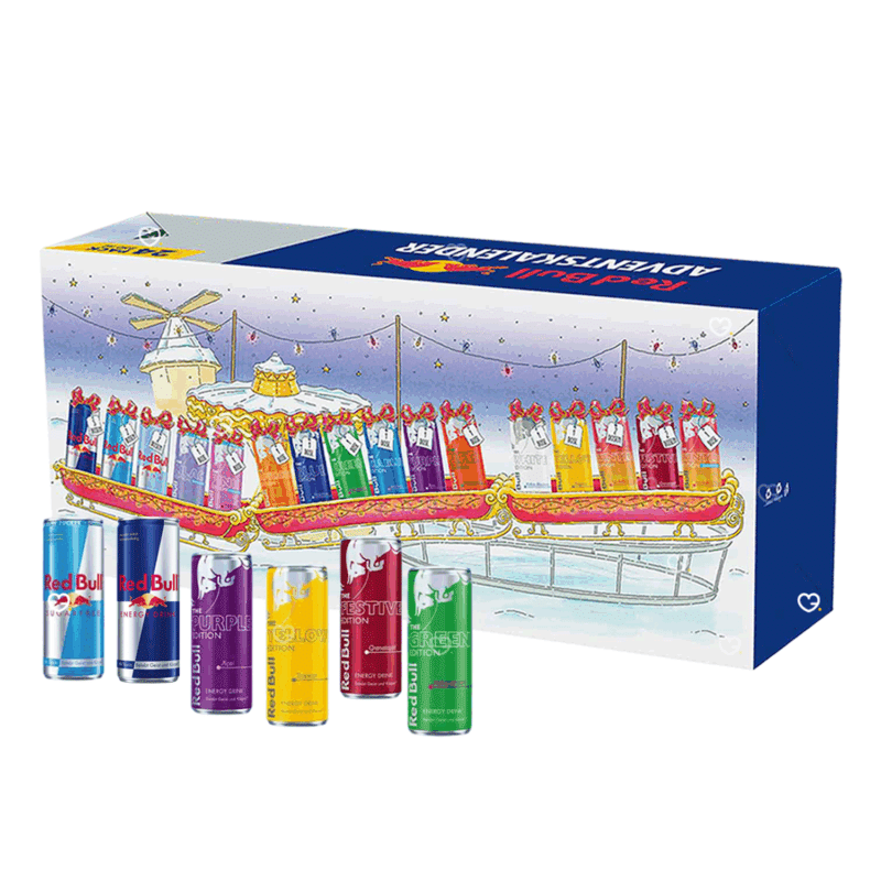 calendrier de l'avent Red Bull 2025 contenant 24 boissons energisantes avec 16 saveurs différentes