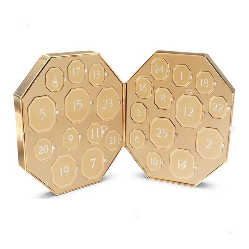 Vue d'ensemble du calendrier de l'Avent luxe Swarovski 2026, deux panneaux octogonaux déployés, 25 portes fermées
