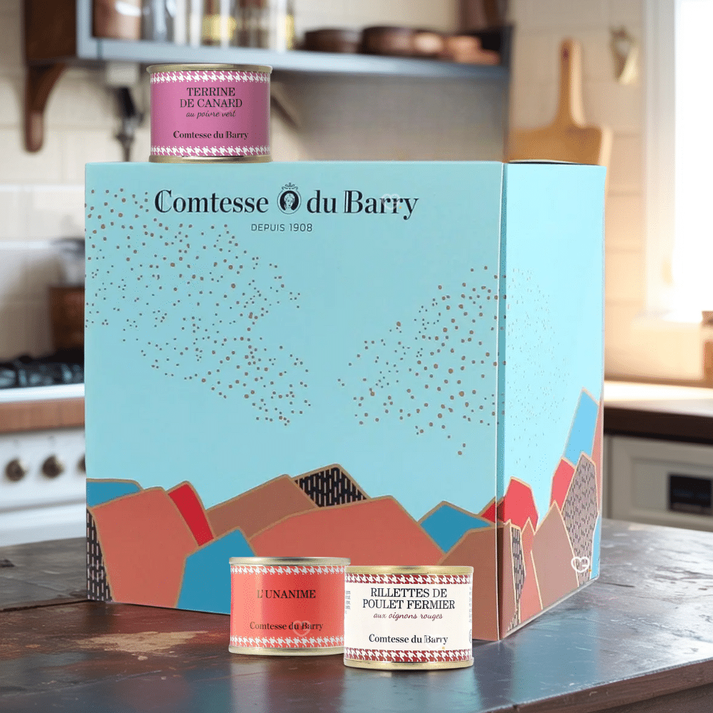 Calendrier de l’Avent Comtesse du Barry 2025 Salé, renfermant 24 spécialités du terroir, terrines, rillettes et foie gras, cadeau gourmet pour homme et femme amateur de gastronomie française.
