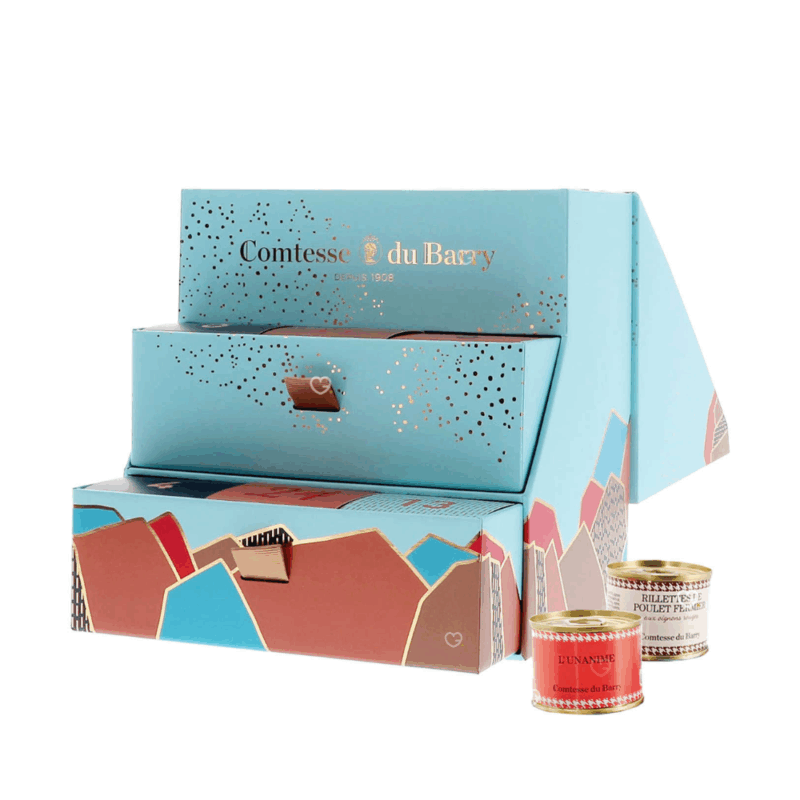 Calendrier de l’Avent Comtesse du Barry 2025 Salé, renfermant 24 spécialités du terroir, terrines, rillettes et foie gras, cadeau gourmet pour homme et femme amateur de gastronomie française.