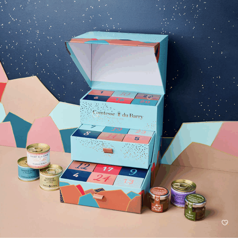 Calendrier de l’Avent Comtesse du Barry 2025 Salé, renfermant 24 spécialités du terroir, terrines, rillettes et foie gras, cadeau gourmet pour homme et femme amateur de gastronomie française.