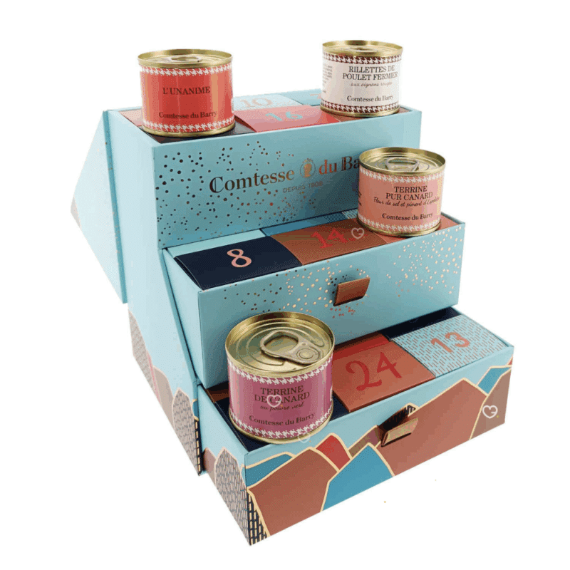 Calendrier de l’Avent Comtesse du Barry 2025 Salé, renfermant 24 spécialités du terroir, terrines, rillettes et foie gras, cadeau gourmet pour homme et femme amateur de gastronomie française.