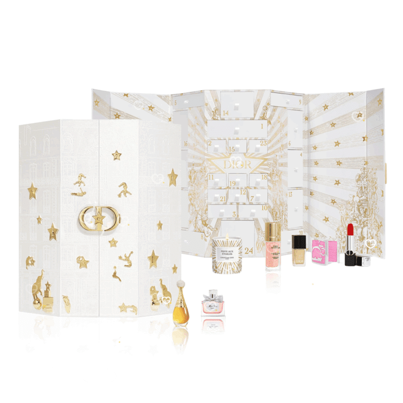 Calendrier de l’Avent Dior 2025 en coffret luxueux avec 24 miniatures exclusives : parfums, maquillage, soins et bougie parfumée pour amateurs de beauté haut de gamme et femme
