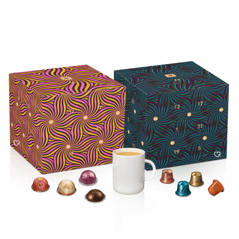 coffret rose et or et bleu-vert edition Thandiwe Muriu Calendrier de l'Avent Nespresso 2025 contenant 24 capsules café original et vertuo idéal amateur cafés