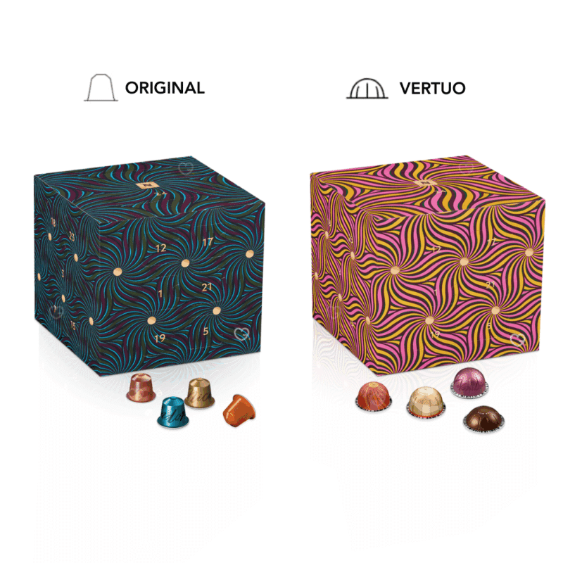coffret rose et or et bleu-vert edition Thandiwe Muriu Calendrier de l'Avent Nespresso 2025 contenant 24 capsules café original et vertuo idéal amateur cafés