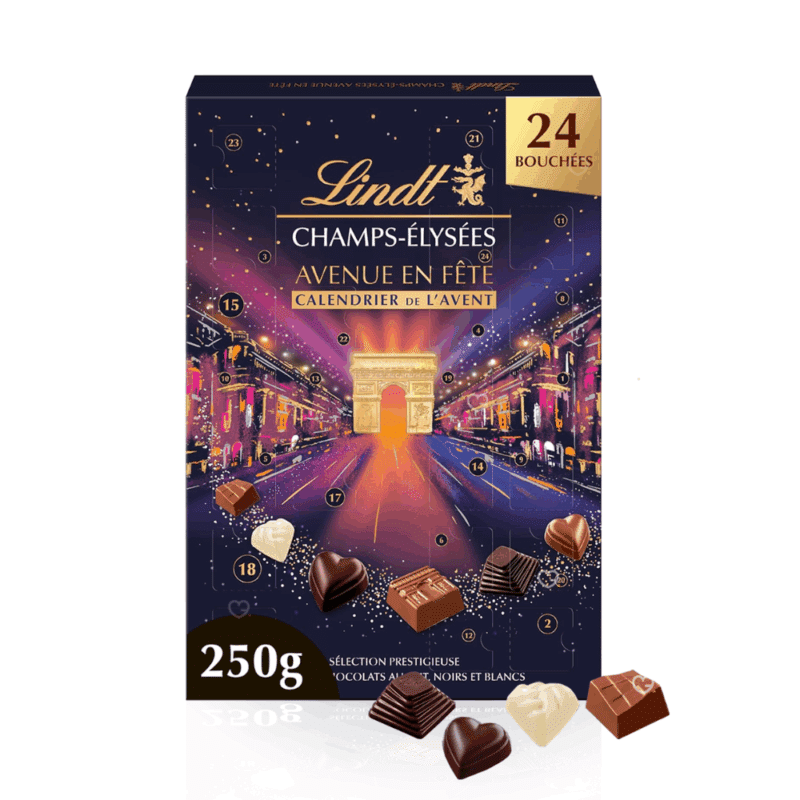 Calendrier de l'avent Lindt Champs Elysees contenant 24 chocolats : chocolat lait, chocolat blanc et chocolat noir pour gourmand