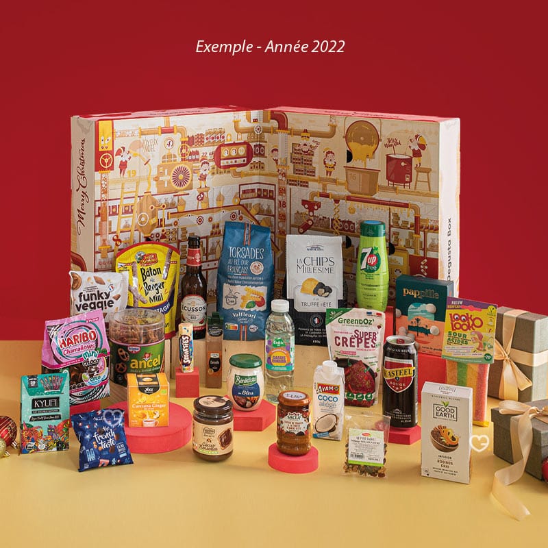 contenu complet du Calendrier de l'Avent Degusta Box avec 24 produits gourmands sucré et salé (boisson; chips; riz..)