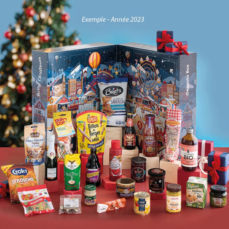 contenu complet du Calendrier de l'Avent Degusta Box avec 24 produits gourmands sucré et salé (saucisson; confiture; bonbon..)