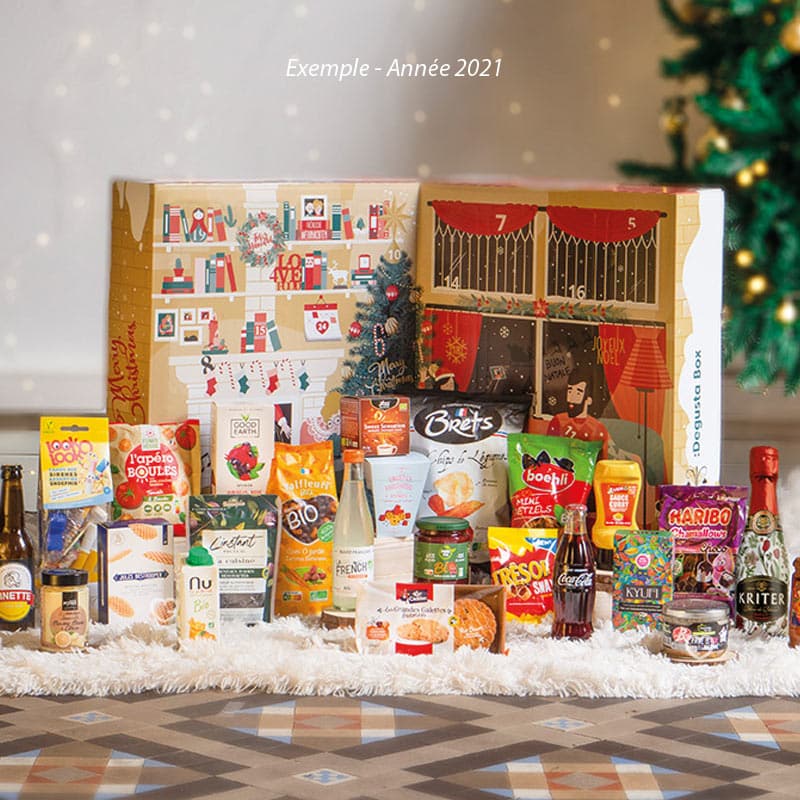 contenu complet du Calendrier de l'Avent Degusta Box avec 24 produits gourmands sucré et salé (bière; sauce; friandises..)