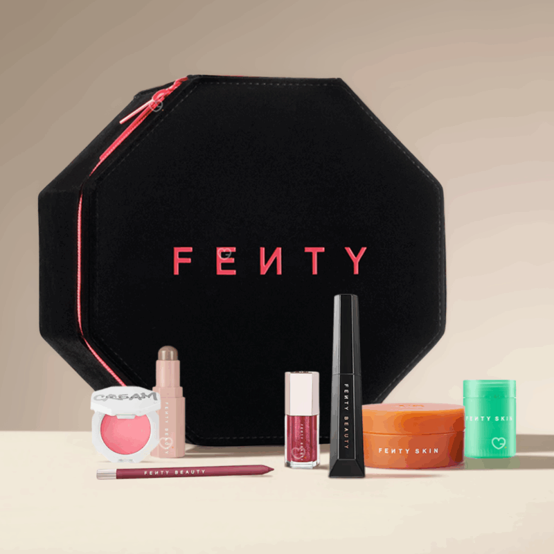 Calendrier de l’Avent Fenty Beauty 2025 contenant 12 produits beauté : maquillage et soins Fenty Skin, coffret makeup noir élégant pour femme