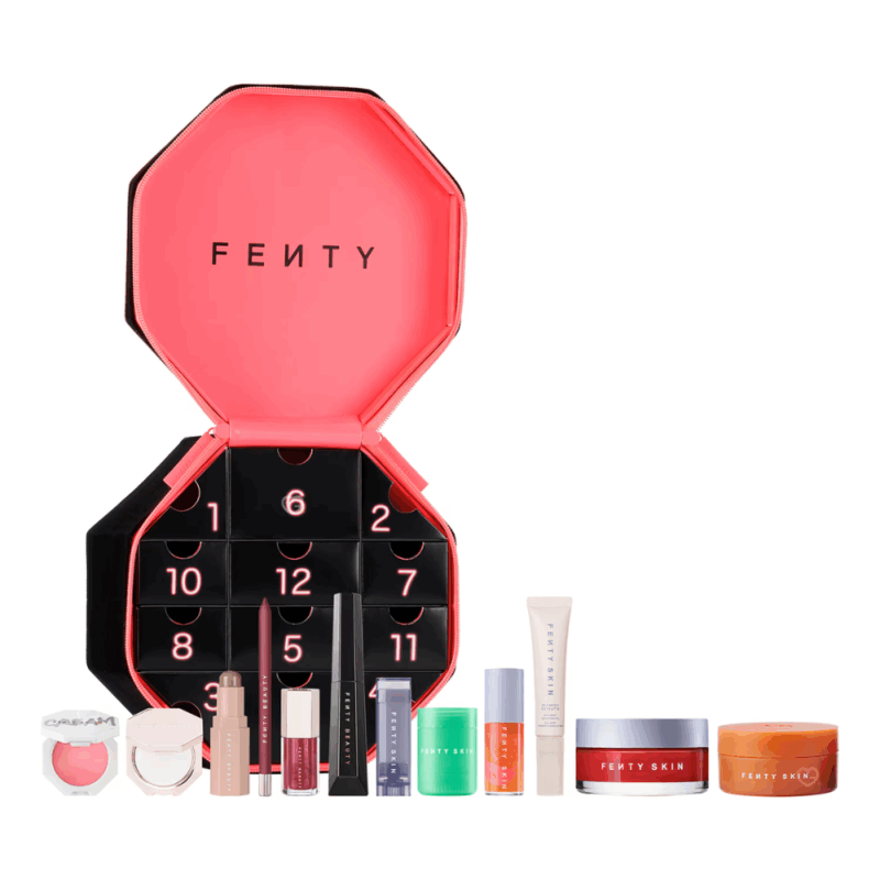 Calendrier de l’Avent Fenty Beauty 2025 contenant 12 produits beauté : maquillage et soins Fenty Skin, coffret makeup noir élégant pour femme
