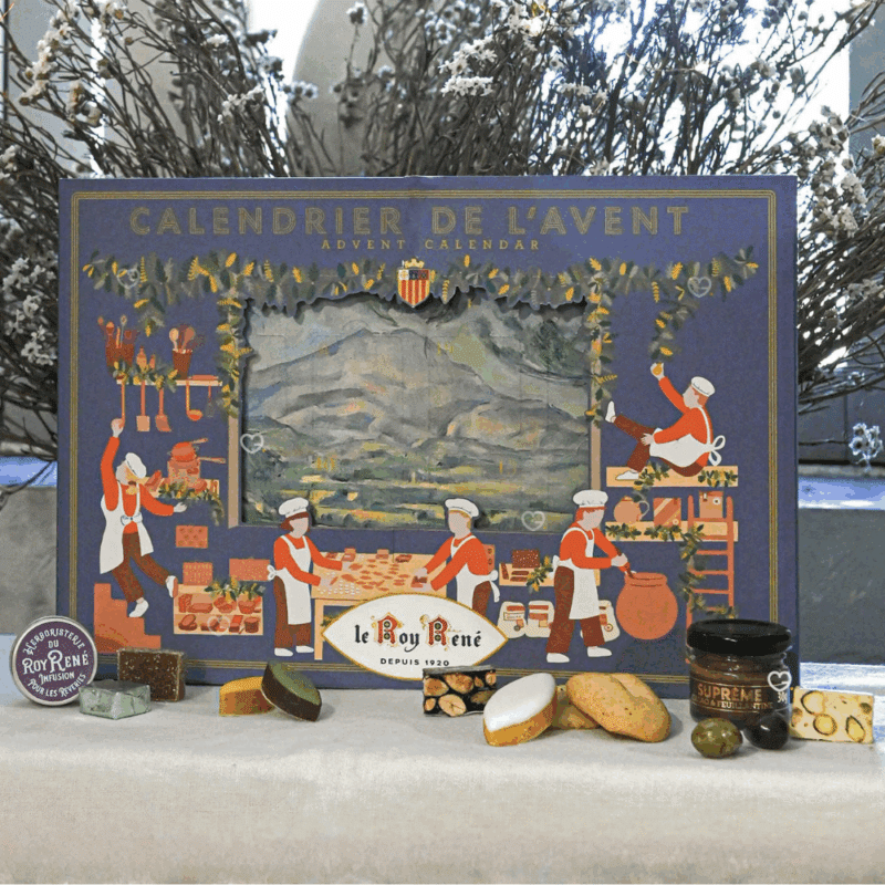 Coffret gourmand gourmand Calendrier de l’Avent Le Roy René 2025 avec 24 douceurs provençales : calissons, nougats, amandes et biscuits artisanaux pour gourmets.