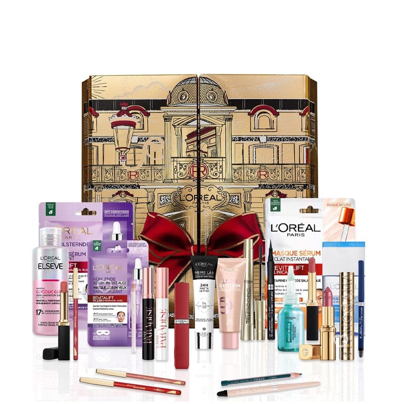 Calendrier de l'Avent L'Oréal Paris 2024 contenant 24 produits de beauté en taille réelle pour le maquillage et les soins du visage et des cheveux, présenté dans un coffret élégant noir