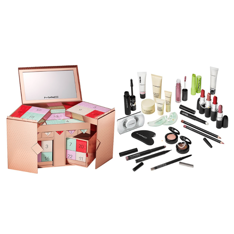 Calendrier de l’Avent Mac Cosmetics 2025 avec 24 produits de maquillage, soins du visage et accessoires beauté dans un coffret avec miroir.