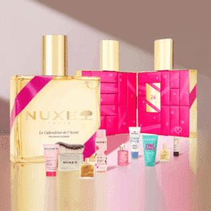 Calendrier de l’Avent Nuxe 2025 édition limitée au design de flacon contenant 24 soins visage, corps, cheveux, accessoires et huiles, idéal pour femmes urbaines élégantes.