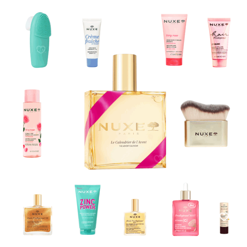 Calendrier de l’Avent Nuxe 2025 édition limitée au design de flacon contenant 24 soins visage, corps, cheveux, accessoires et huiles, idéal pour femmes urbaines élégantes.