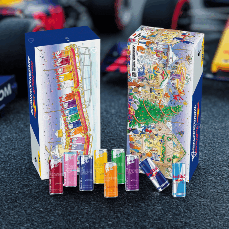 calendrier de l'avent Red Bull 2025 contenant 24 boissons energisantes avec 16 saveurs différentes