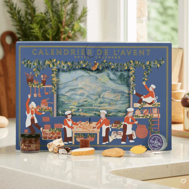 Coffret gourmand gourmand Calendrier de l’Avent Le Roy René 2025 avec 24 douceurs provençales : calissons, nougats, amandes et biscuits artisanaux pour gourmets.