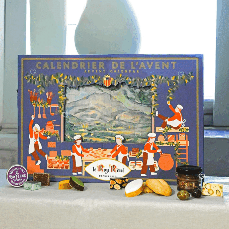Coffret gourmand gourmand Calendrier de l’Avent Le Roy René 2025 avec 24 douceurs provençales : calissons, nougats, amandes et biscuits artisanaux pour gourmets.