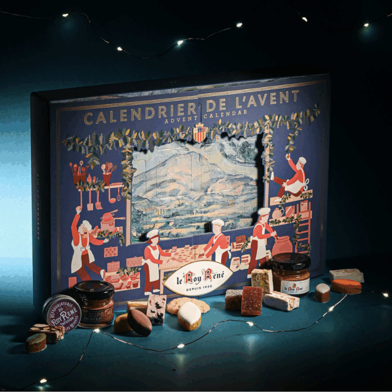 Coffret gourmand gourmand Calendrier de l’Avent Le Roy René 2025 avec 24 douceurs provençales : calissons, nougats, amandes et biscuits artisanaux pour gourmets.