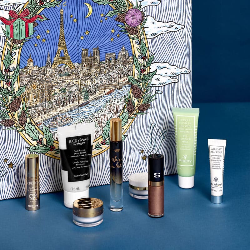 calendrier de l'avent beaute sisley paris 2024 avec illustration de fee Greening de contenant des produits de beauté, soins cosmétiques, soins visage, maquillage et soins capillaire