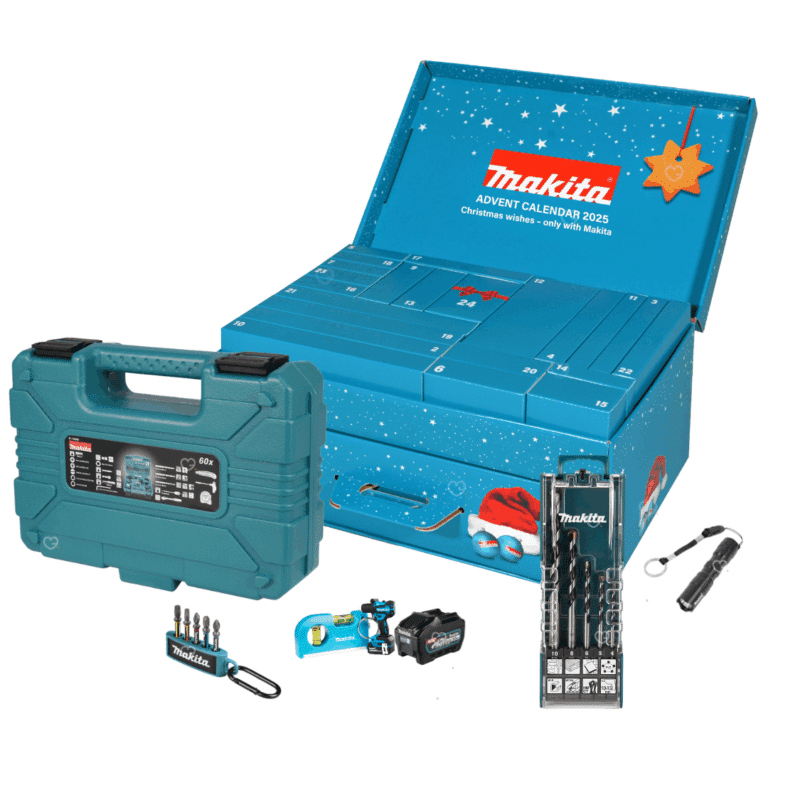 Calendrier de l’Avent Makita 2025 édition limitée contenant 24 outils et accessoires de bricolage et goodies, idéal cadeau homme et bricoleur.