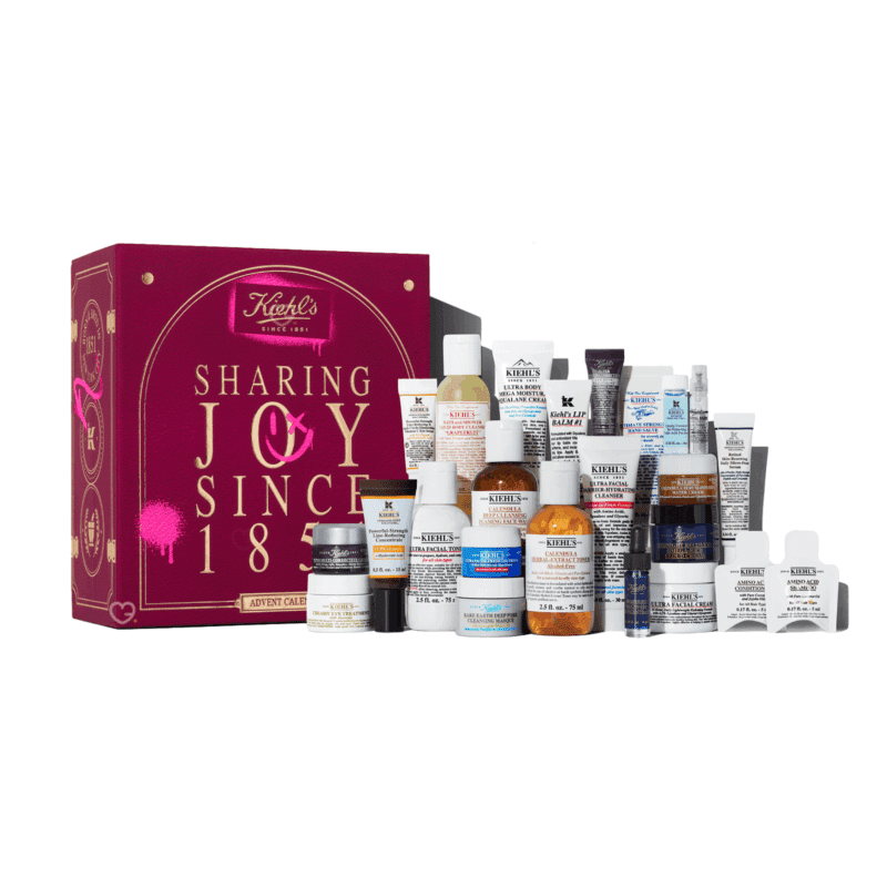 Calendrier de l’Avent Kiehl's 2025 en édition limitée, 24 soins skincare visage et corps premium, idéal cadeau beauté festif féminin.