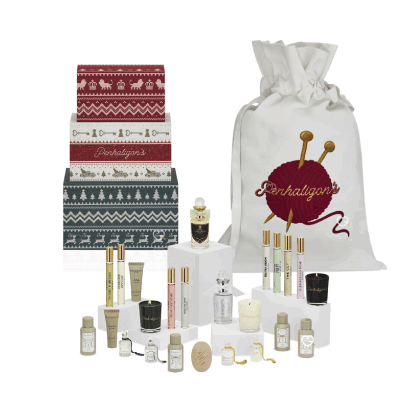 Calendrier de l’Avent Penhaligon’s 2025 en édition limitée, 24 miniatures de parfums, soins corps et bougies, cadeau luxe pour amateurs de parfumerie.