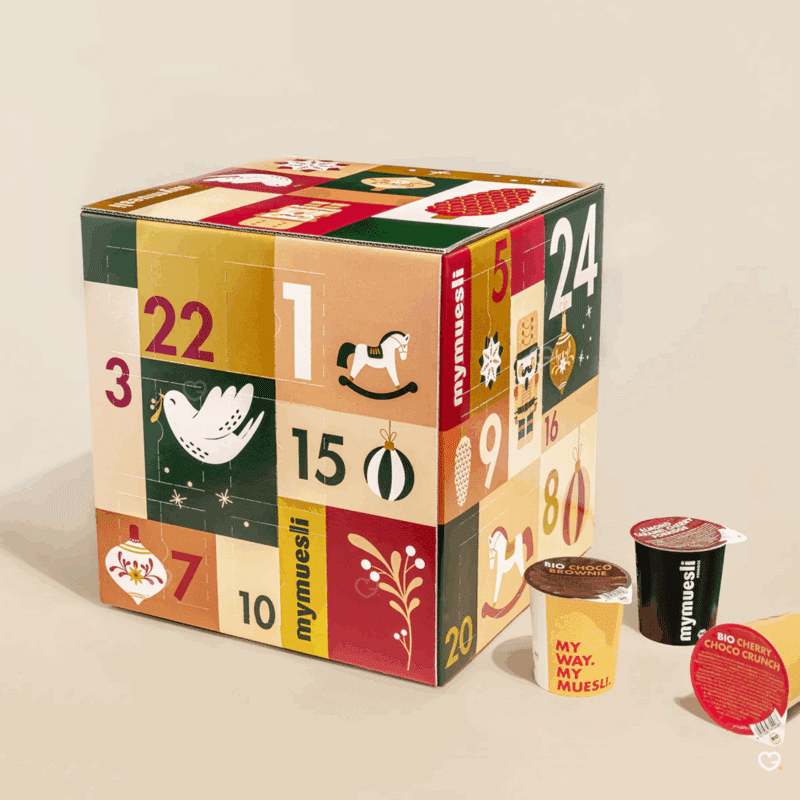 Calendrier de l’Avent mymuesli 2025 avec 24 surprises gourmandes bio, mueslis et porridges recettes variées pour adulte et gourmand