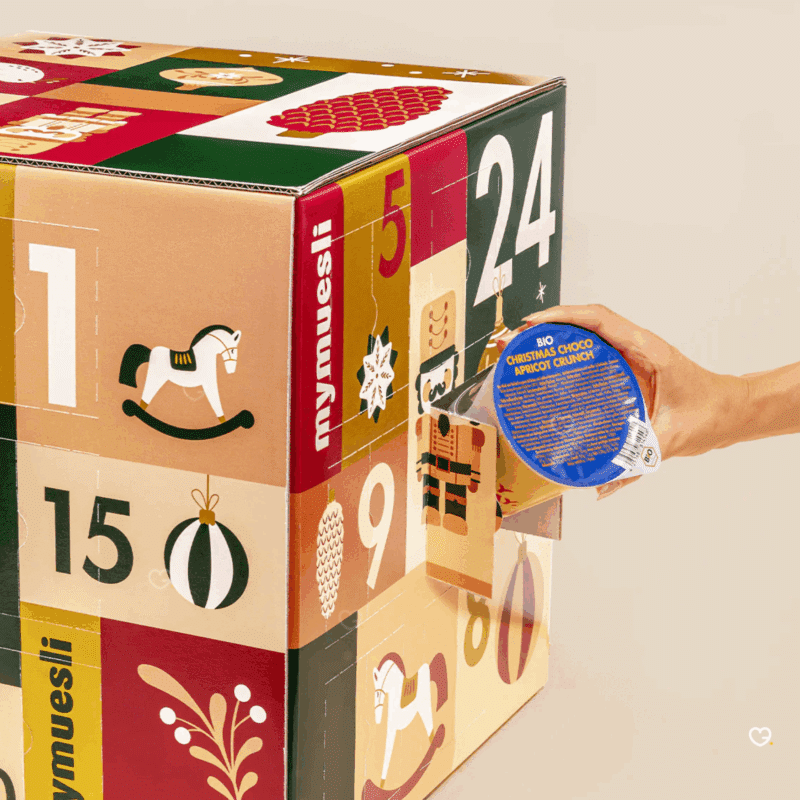 Calendrier de l’Avent mymuesli 2025 avec 24 surprises gourmandes bio, mueslis et porridges recettes variées pour adulte et gourmand