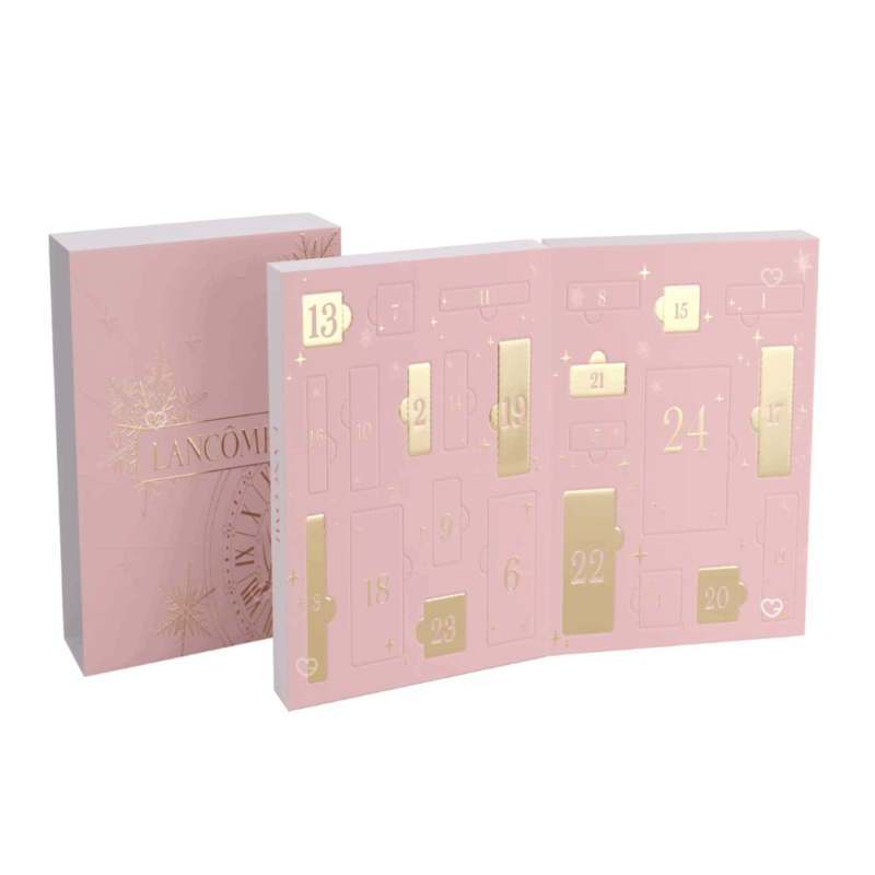 Calendrier de l’Avent beauté Lancôme x Nocibe 2025 en édition limitée, coffret prestige rouge et doré avec 24 soins visage, maquillage et parfums pour femme