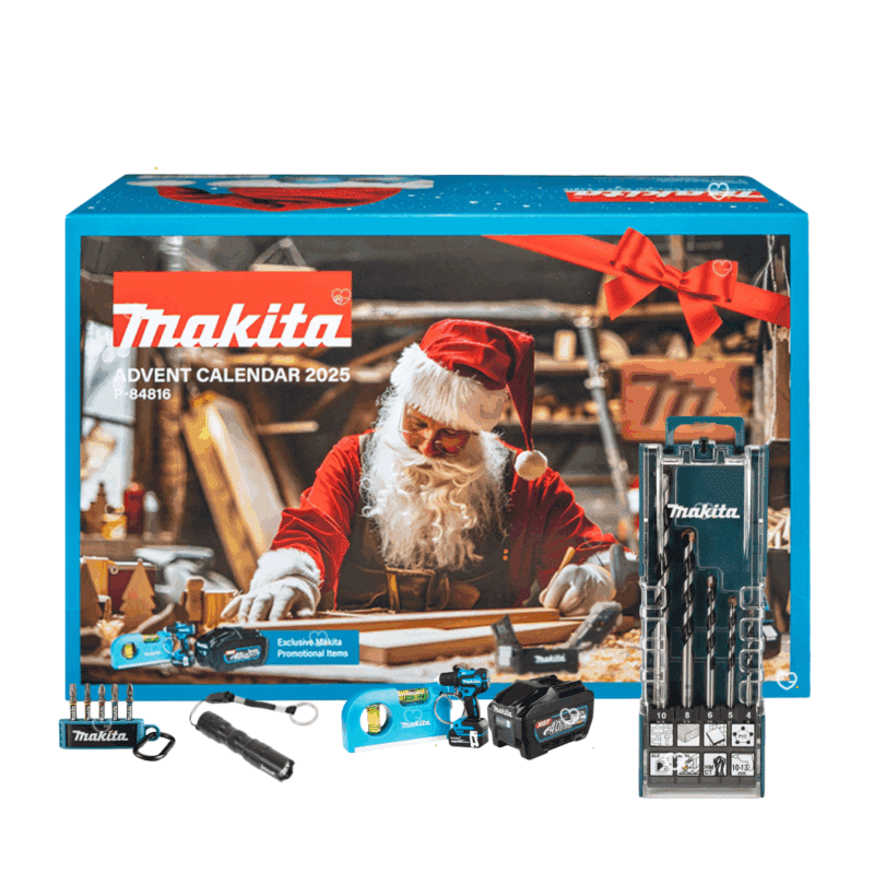 Calendrier de l’Avent Makita 2025 édition limitée contenant 24 outils et accessoires de bricolage et goodies, idéal cadeau homme et bricoleur.
