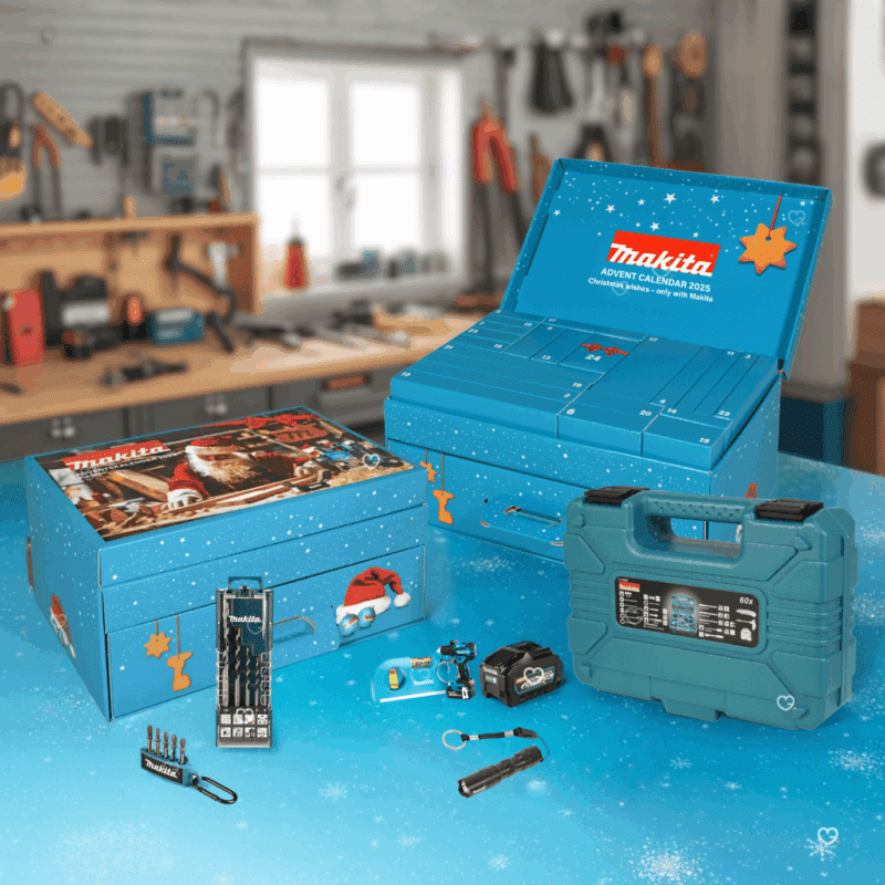 Calendrier de l’Avent Makita 2025 édition limitée contenant 24 outils et accessoires de bricolage et goodies, idéal cadeau homme et bricoleur.