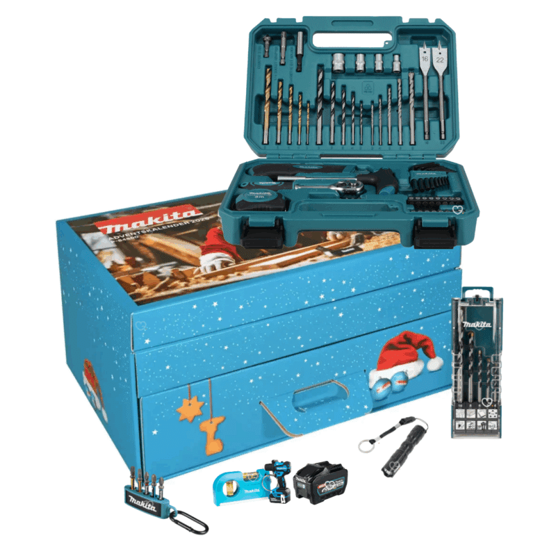 Calendrier de l’Avent Makita 2025 édition limitée contenant 24 outils et accessoires de bricolage et goodies, idéal cadeau homme et bricoleur.