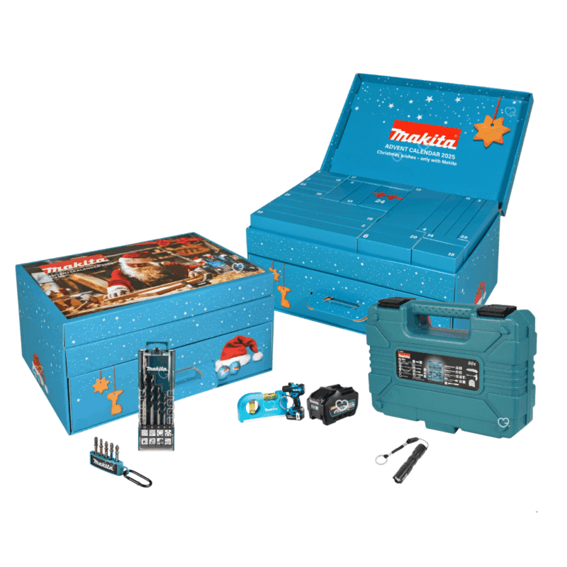 Calendrier de l’Avent Makita 2025 édition limitée contenant 24 outils et accessoires de bricolage et goodies, idéal cadeau homme et bricoleur.