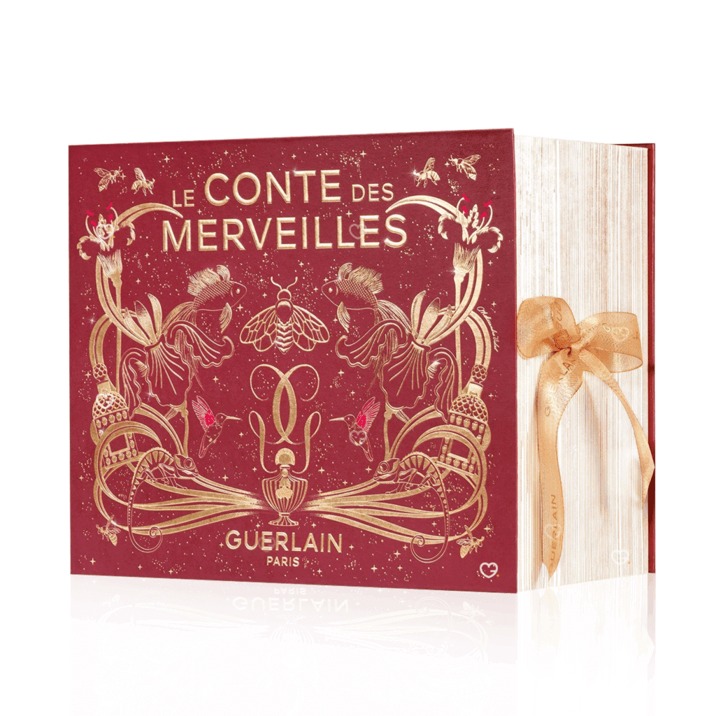 Calendrier de l’Avent Guerlain 2025 en coffret luxueux en forme de livre renfermant 25 produits beauté iconiques, parfums, soins, maquillage et bougie idéal cadeau femme luxe.