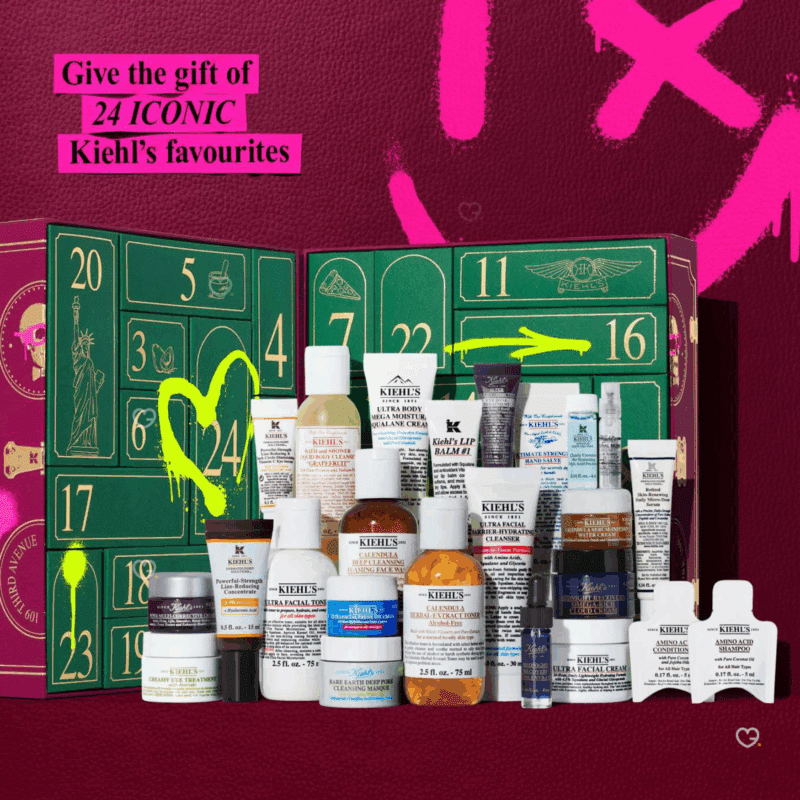 Calendrier de l’Avent Kiehl's 2025 en édition limitée, 24 soins skincare visage et corps premium, idéal cadeau beauté festif féminin.