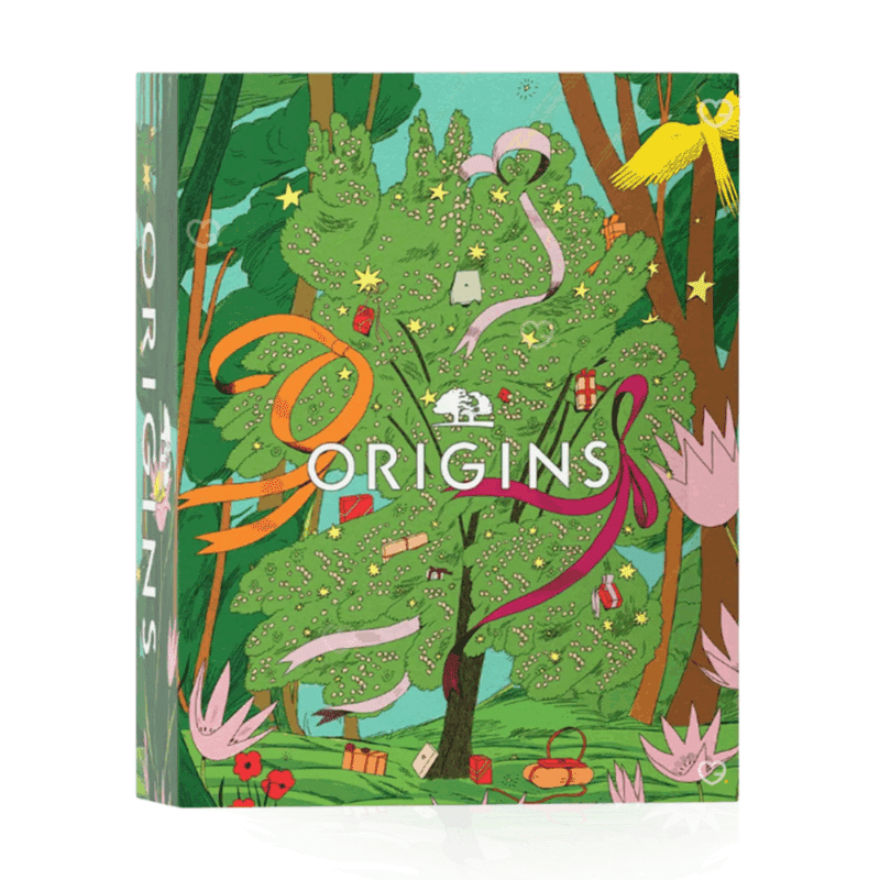 Calendrier de l’Avent Origins 2025 renfermant 24 produits beauté naturels : soins visage et corps pour femme en recherche de bien-être naturel.