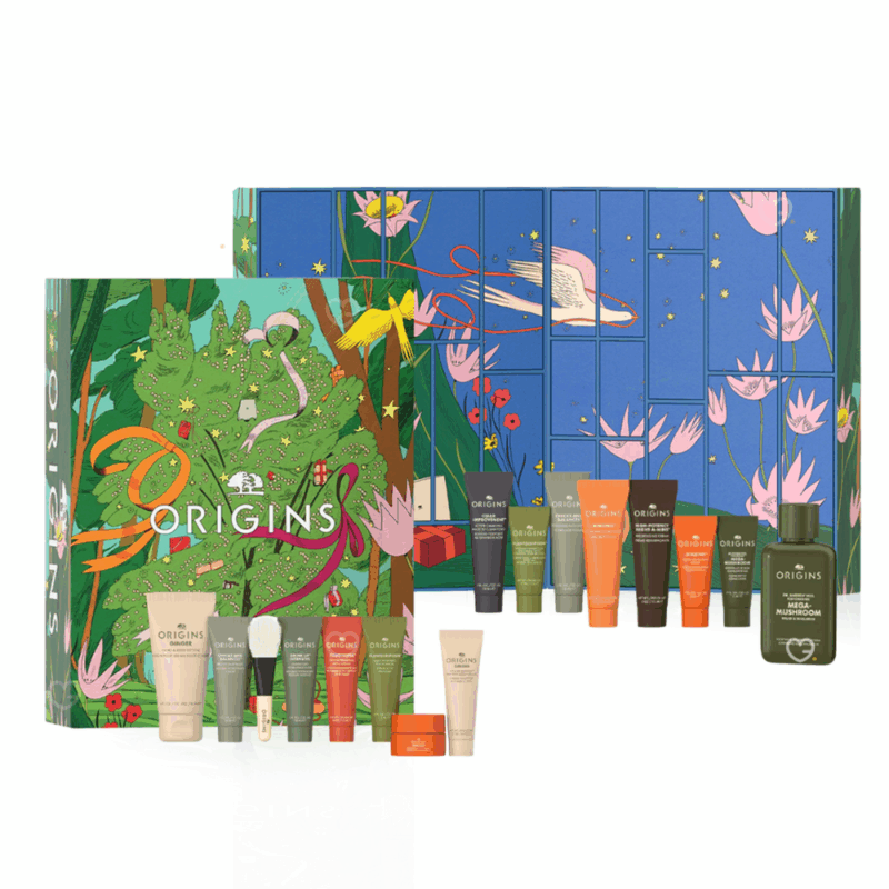 Calendrier de l’Avent Origins 2025 renfermant 24 produits beauté naturels : soins visage et corps pour femme en recherche de bien-être naturel.