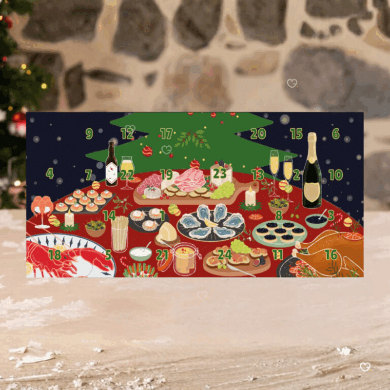 calendrier de l'avent apéro 2025 avec des produits artisanaux saucissons, terrines, bière pour gourmand