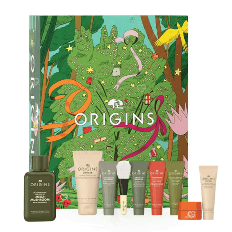 Calendrier de l’Avent Origins 2025 renfermant 24 produits beauté naturels : soins visage et corps pour femme en recherche de bien-être naturel.