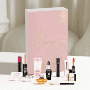 Calendrier de l’Avent beauté Lancôme x Nocibe 2025 en édition limitée, coffret prestige rouge et doré avec 24 soins visage, maquillage et parfums pour femme