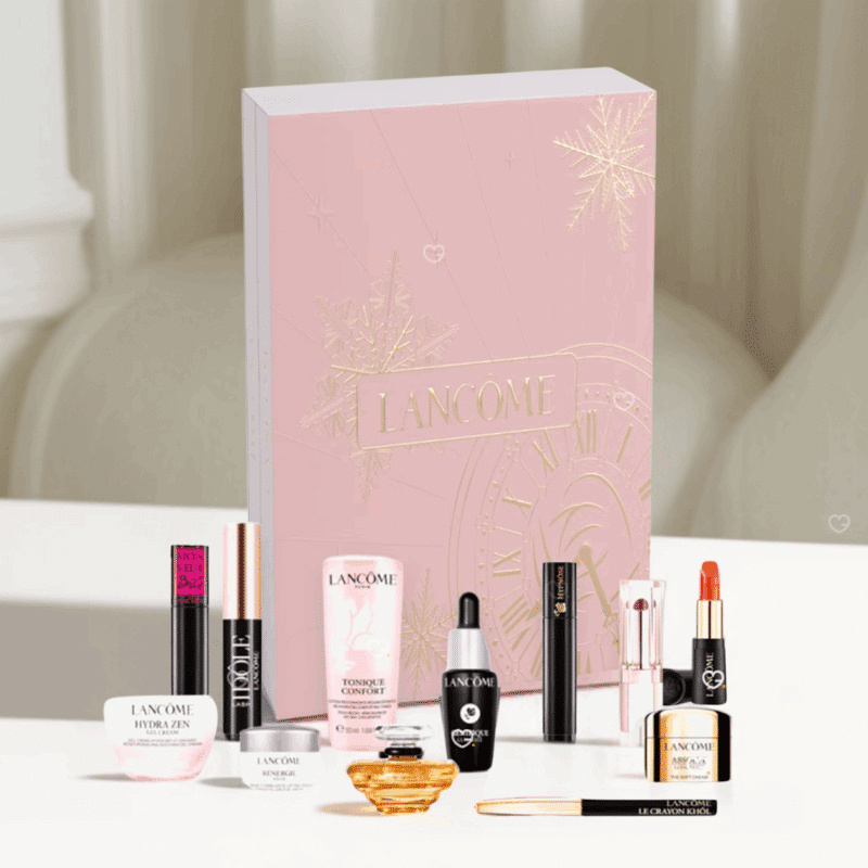 Calendrier de l’Avent beauté Lancôme x Nocibe 2025 en édition limitée, coffret prestige rouge et doré avec 24 soins visage, maquillage et parfums pour femme