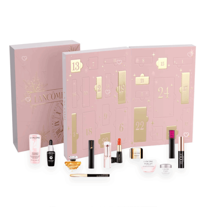 Calendrier de l’Avent beauté Lancôme x Nocibe 2025 en édition limitée, coffret prestige rouge et doré avec 24 soins visage, maquillage et parfums pour femme