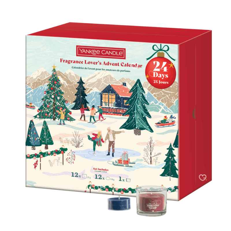 Calendrier de l’Avent Yankee Candle Livre 2025 renfermant 12 bougies chauffe-plat, 12 votives aux senteurs festives et un photophore élégant, idéal pour adultes amateurs de décoration et d’ambiance cocooning.