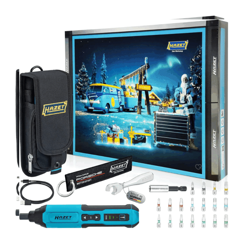 Calendrier de l’Avent Hazet 2025 contenant 24 outils de bricolage, visseuse sans fil, embouts, porte-clés et sac pour passionnés de mécanique et bricoleur