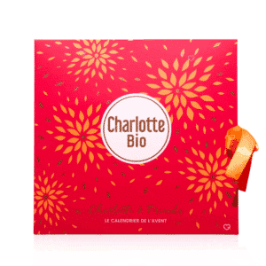 Calendrier de l'avent charlotte Bio contenant 24 produits de beauté bio : maquillage, soins accessoires bien etre idéal pour femme sensibles au naturel.
