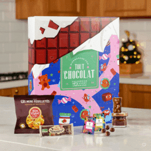 calendrier de l'avent chocolat gourmand 2025 décoré tablette choco contenant 24 surprises chocolatées truffe, guimauve, bonbon, pate a tartiner d'artisans